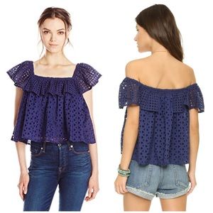 REBECCA MINKOFF Off The Shoulder Lace Top Navy Blue Ruffle Blouse Boho Small S